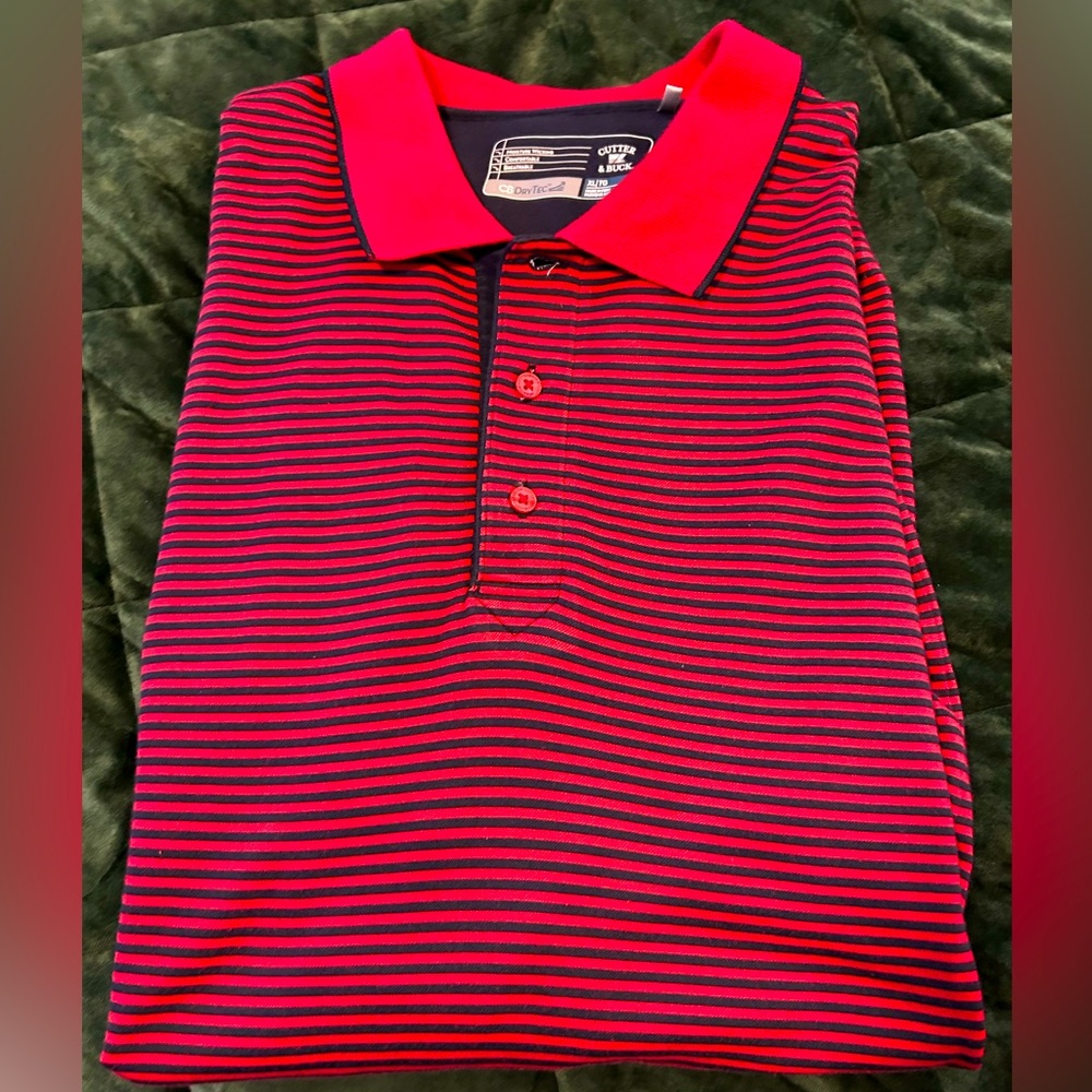 XL Cutter & Buck like new golf shirt, red and blue stripe. 60% cotton, 40% poly